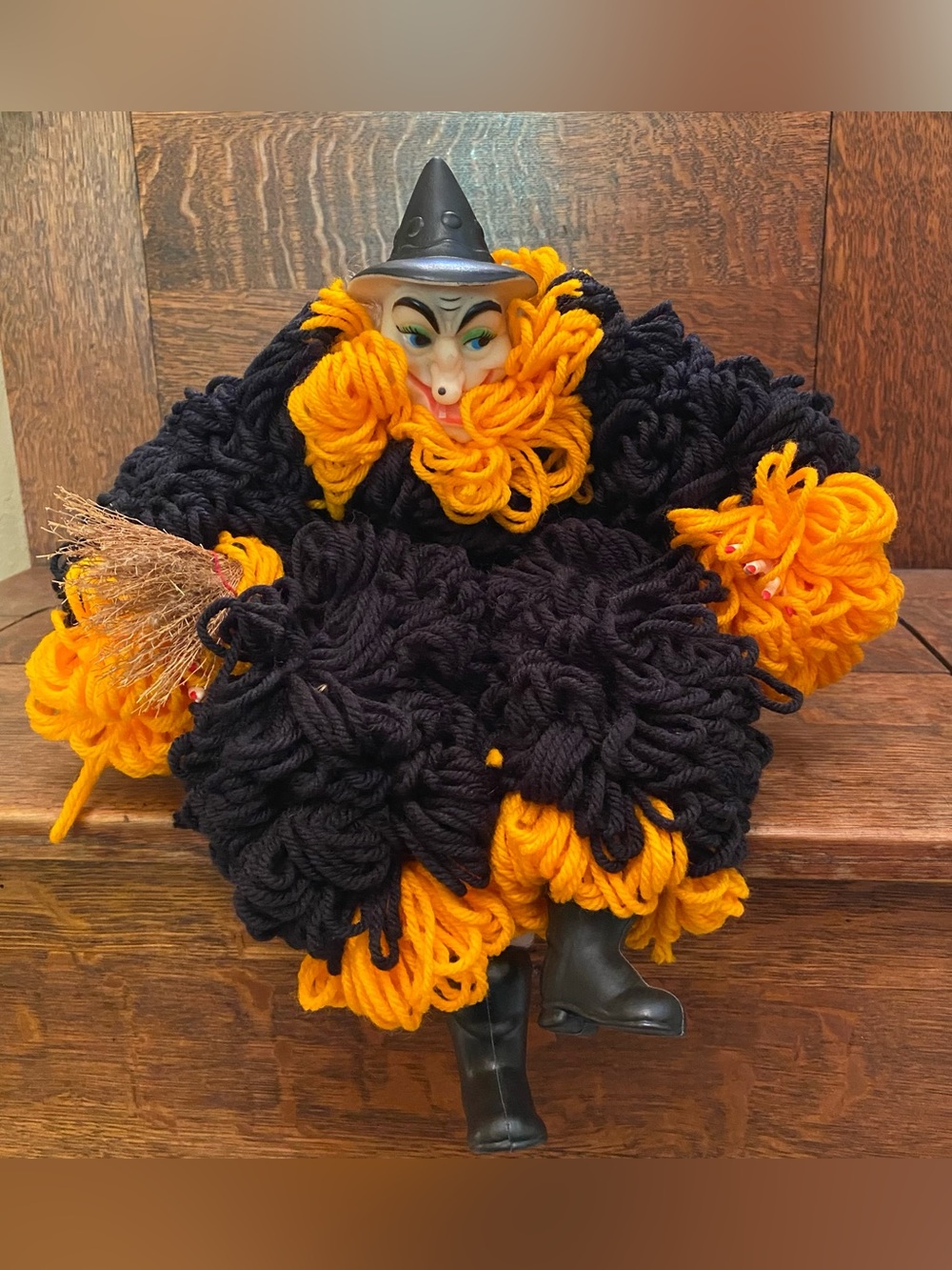 Vtg Halloween Witch Doll Handmade Plastic Face Bendy Crochet Yarn Body w/ Broom